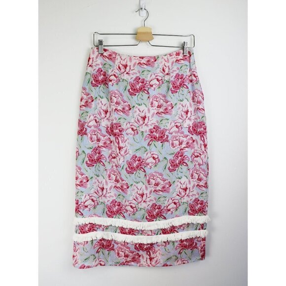 NWT WAYF Tamera Linen Midi Skirt Sky Blue Pink Floral Print Fringe Trim Medium - Picture 1 of 8